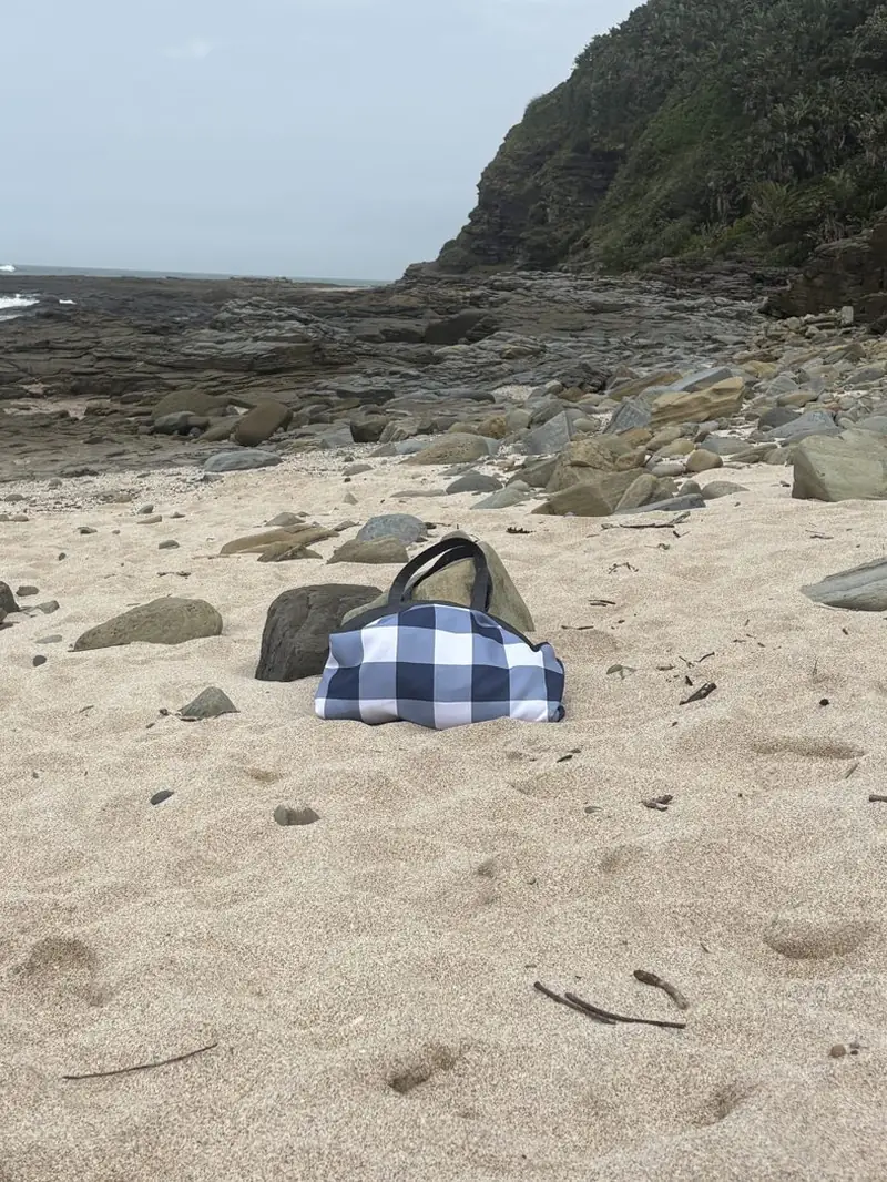 Blue and white checked matching bag standing on the sand at the beach