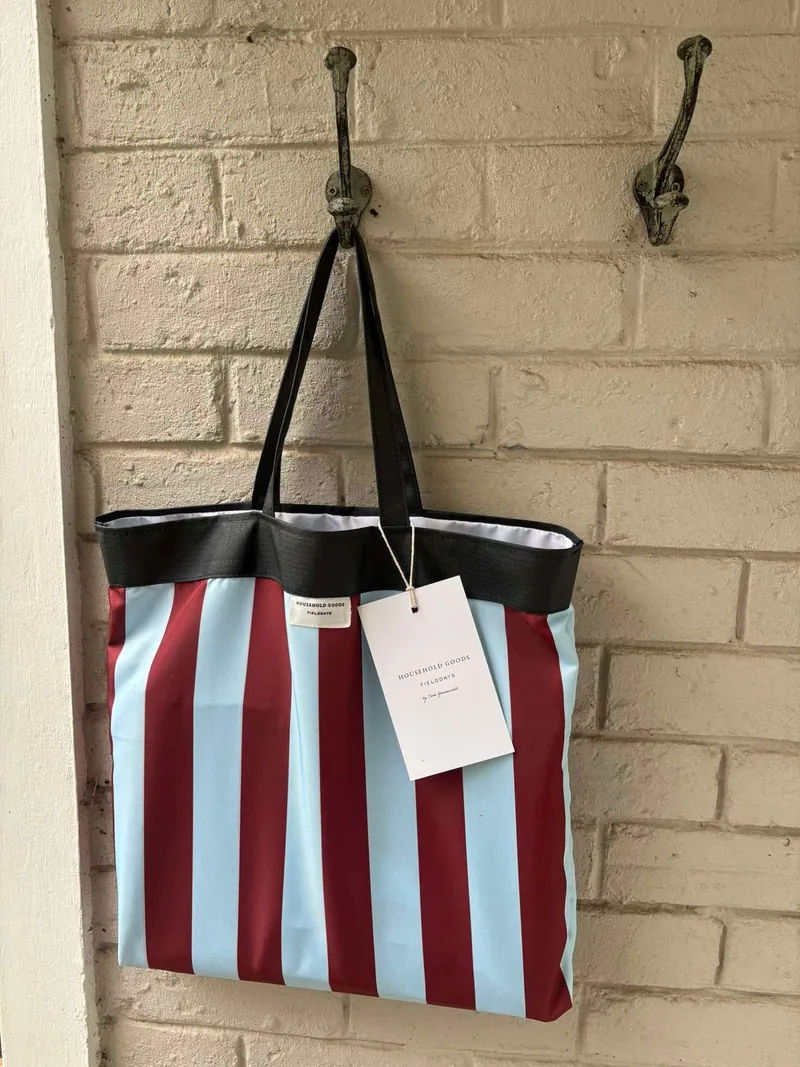 Maroon and light blue striped matching bag hanging on a brick wall