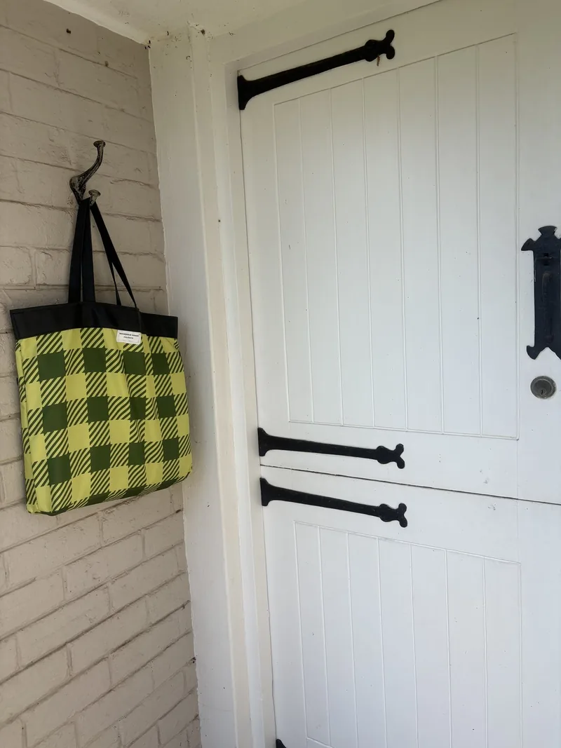 Light green and dark green checked matching bag hanging beside a white door